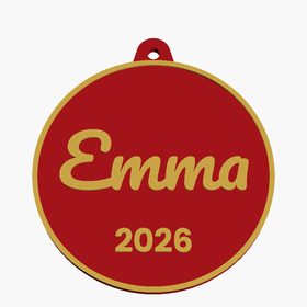 Design preview of a round red ornament with the name Emma and 2026 in gold.
